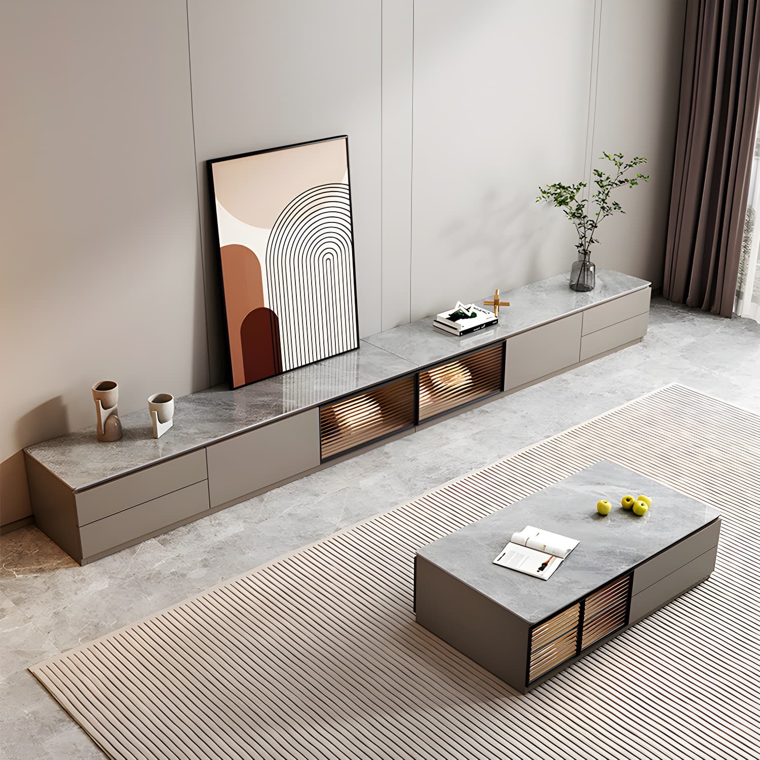 Champagne Stone TV Stand with Drawers and Cabinet for Modern Style and Cable Management thumbnail 1