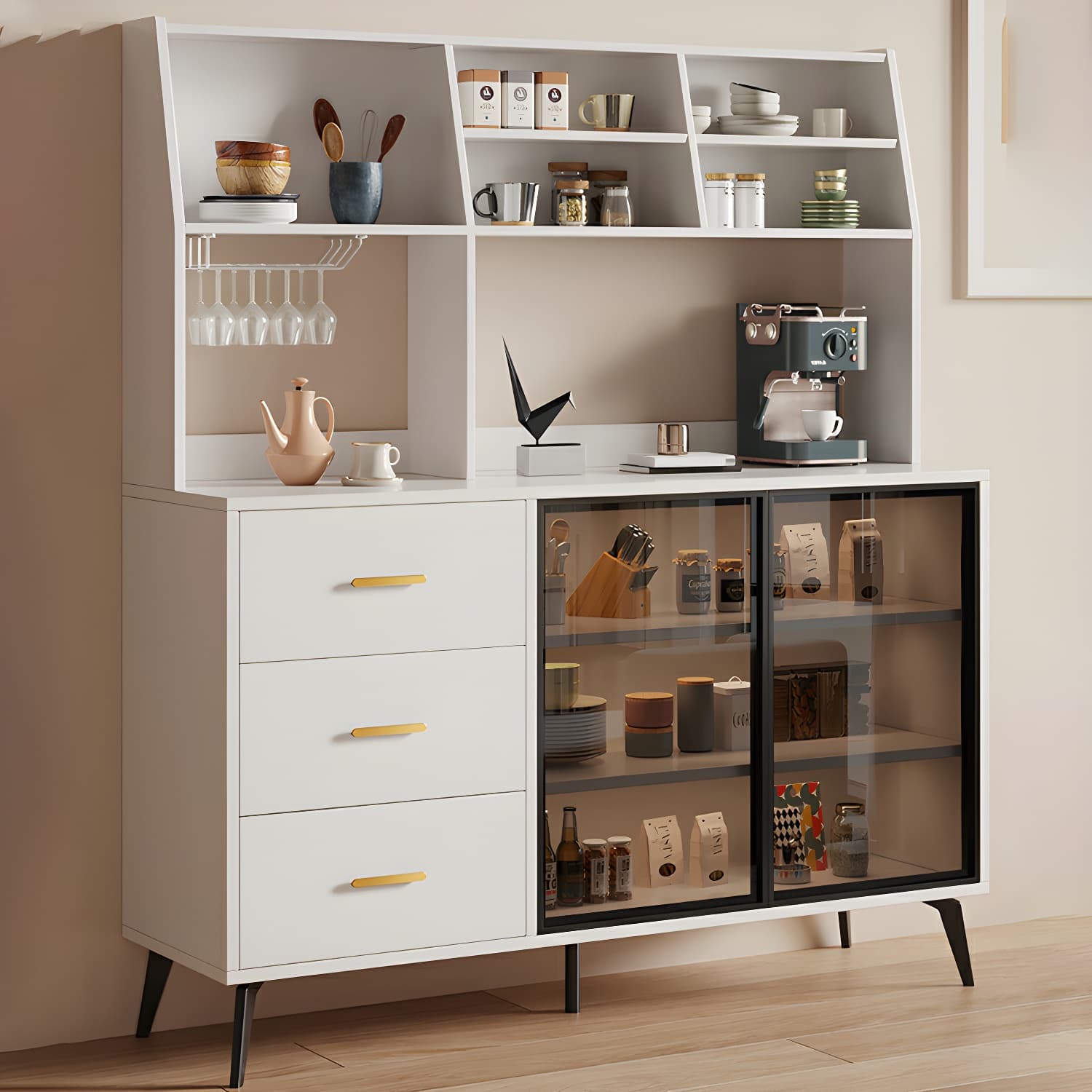 Glass Door Modern Wooden Kitchen Sideboard with Adjustable Shelving thumbnail 10