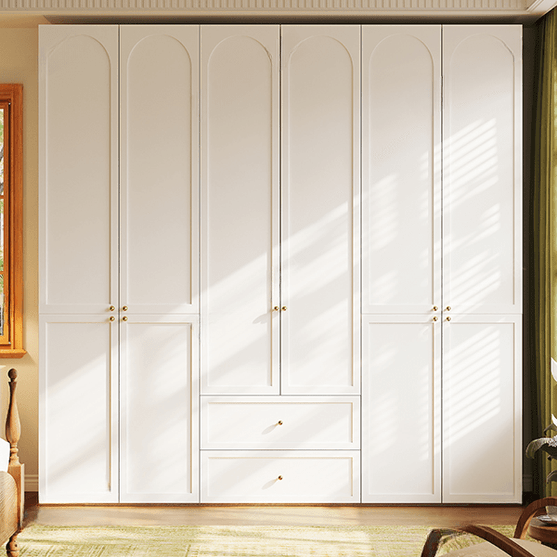 White Minimalist Manufactured Wood Wardrobe Closet with 2 Drawers, Soft Close Door, Interior Shelves, and Clothing Rod thumbnail 1