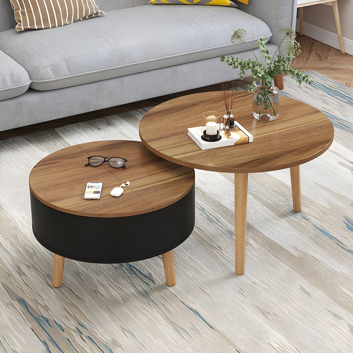 Round Solid Wood 3 Legs Coffee Table with Storage Drawers Modern Cocktail Table thumbnail 3