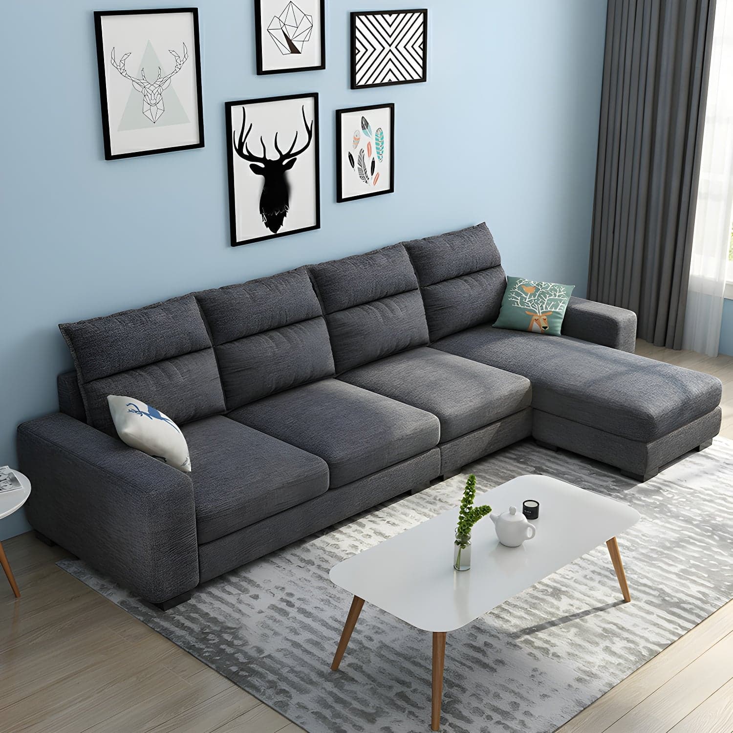 Scandinavian Wood Frame L-Shaped Modular Sofa Chaise in 2 Piece Set with Black Legs thumbnail 2
