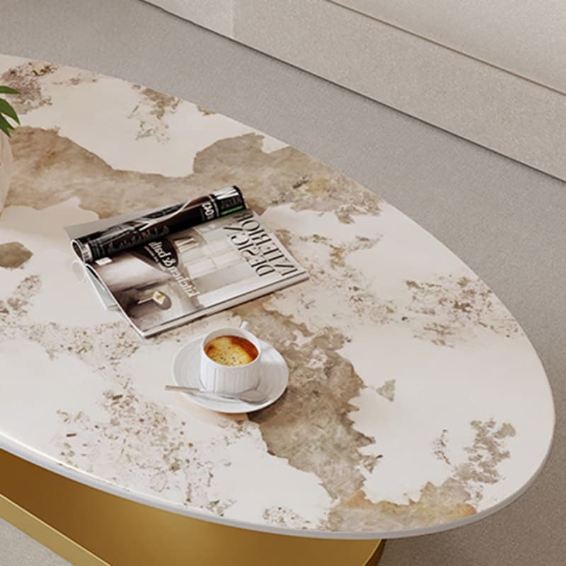 Elegant Stone Oval Coffee Table with Iron Block Base for Living Room thumbnail 11