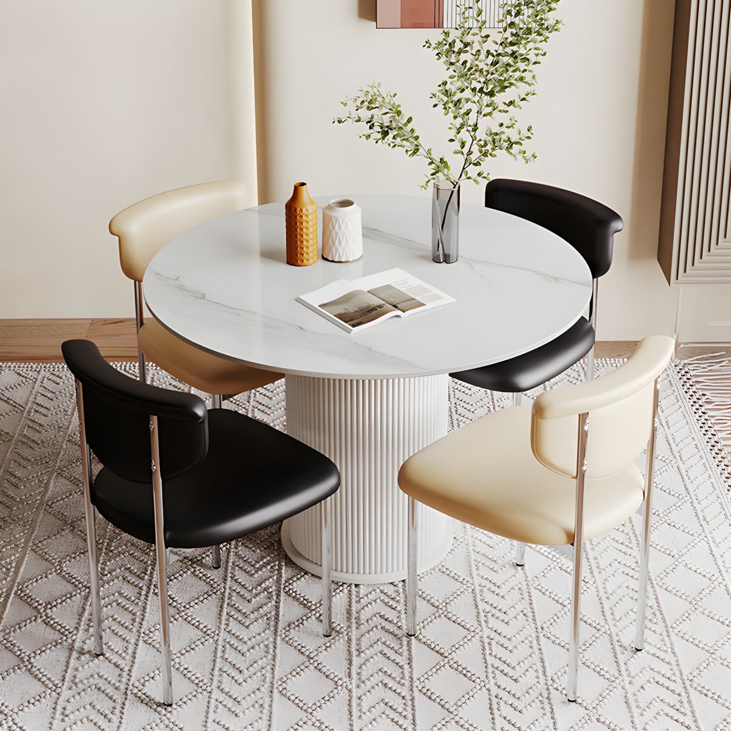 Round White Stone Modern Dining Table with White Steel Pedestal Base Standard Height thumbnail 5