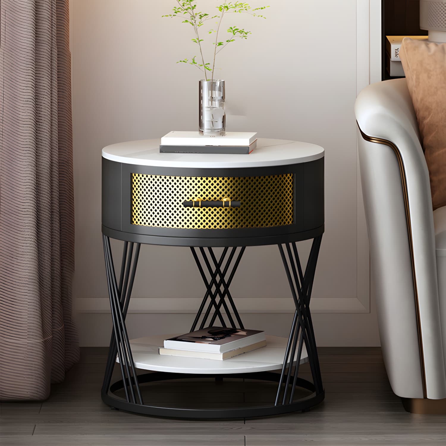 Glam Stone Top Night Table Open Storage 1-Drawer Metal Legs Included Nightstand thumbnail 1