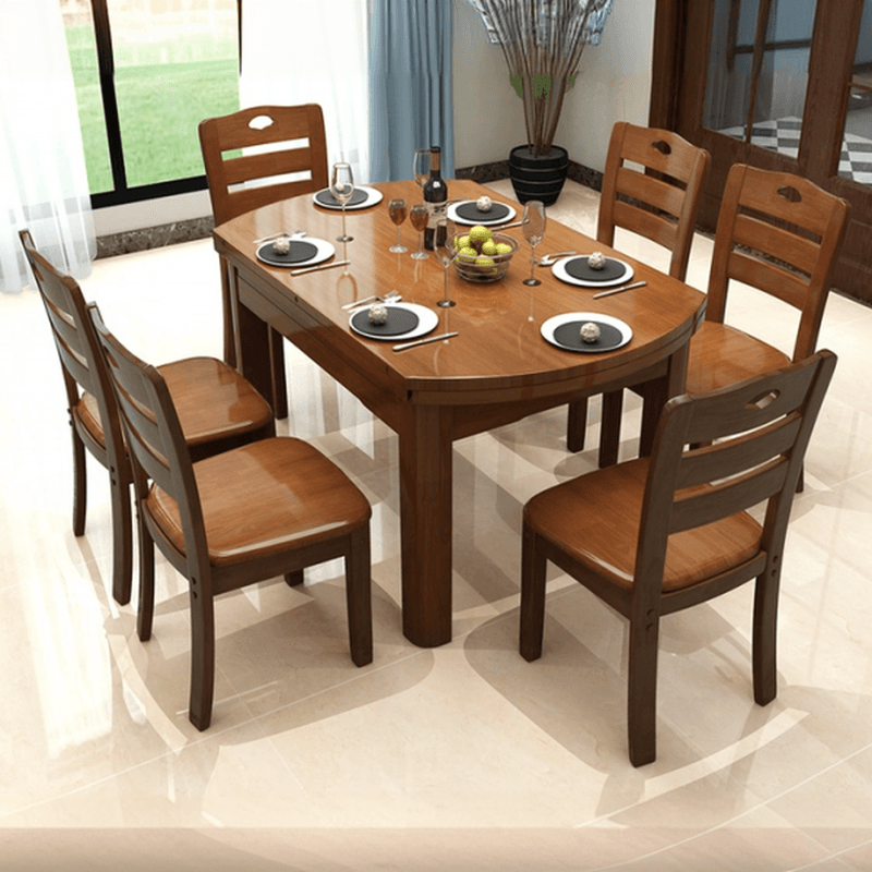 Dining Table Set with Rounded Wood Slab Top, 4 Legs, Drop Leaf, Back Seat, in White/Auburn/Amber Color thumbnail 3