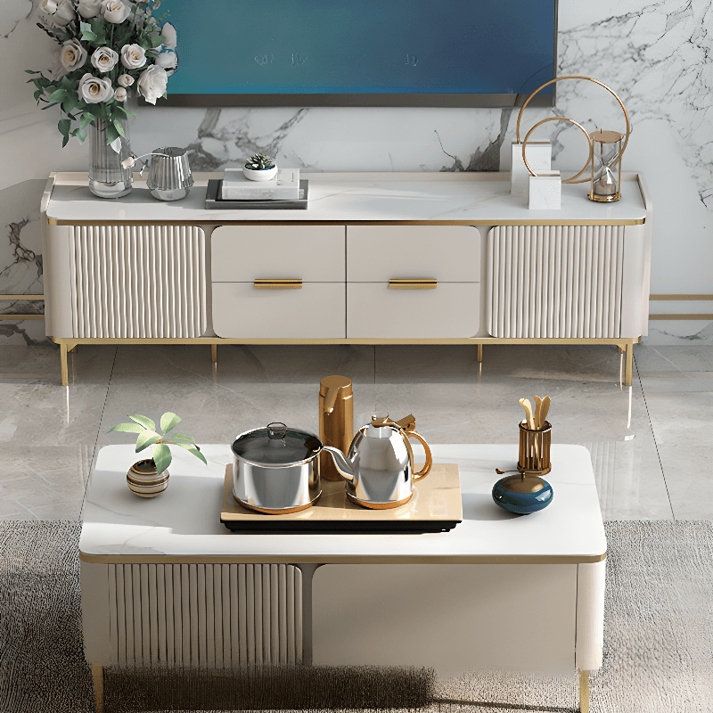Chalk Art Deco Sintered Stone TV Stand for Sitting Room with 4/3 Drawers, 2 Cabinets, and Gate Doors thumbnail 4