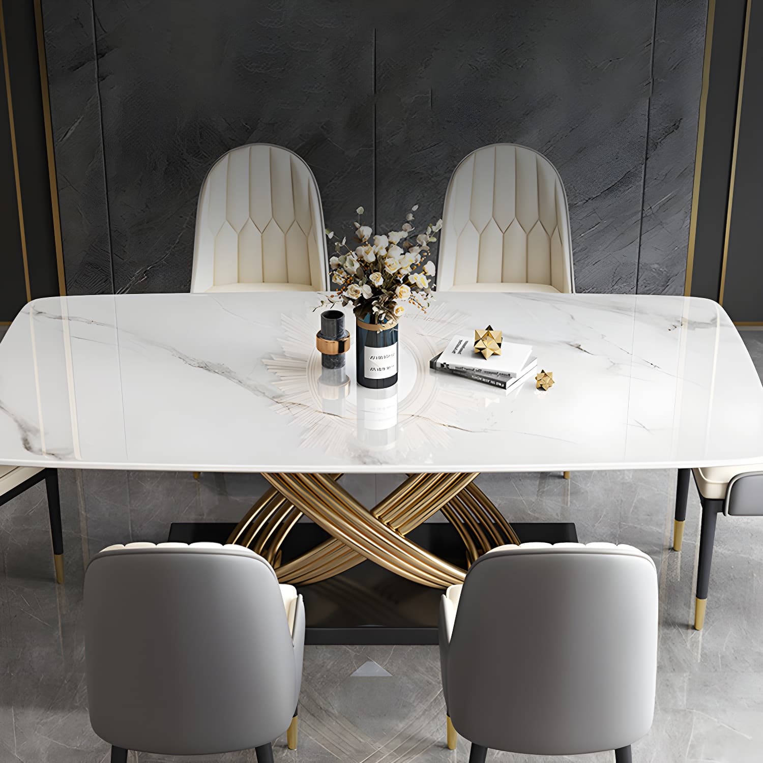 Nordic Glam Rectangle Sintered Stone Table Set 1/4/5/7 Pieces Dining Set thumbnail 10