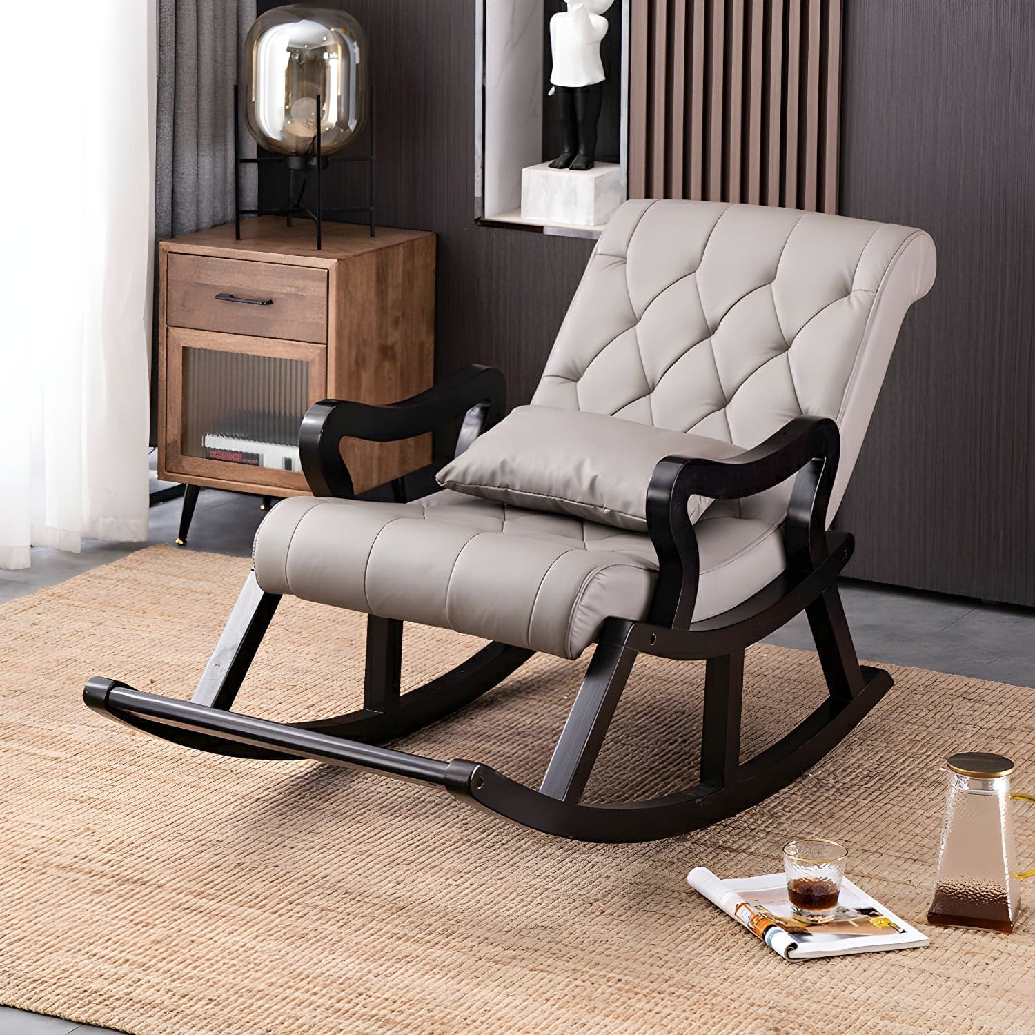 49" Wide Solid Wood Faux Leather Rocking Accent Chair with Legs thumbnail 9