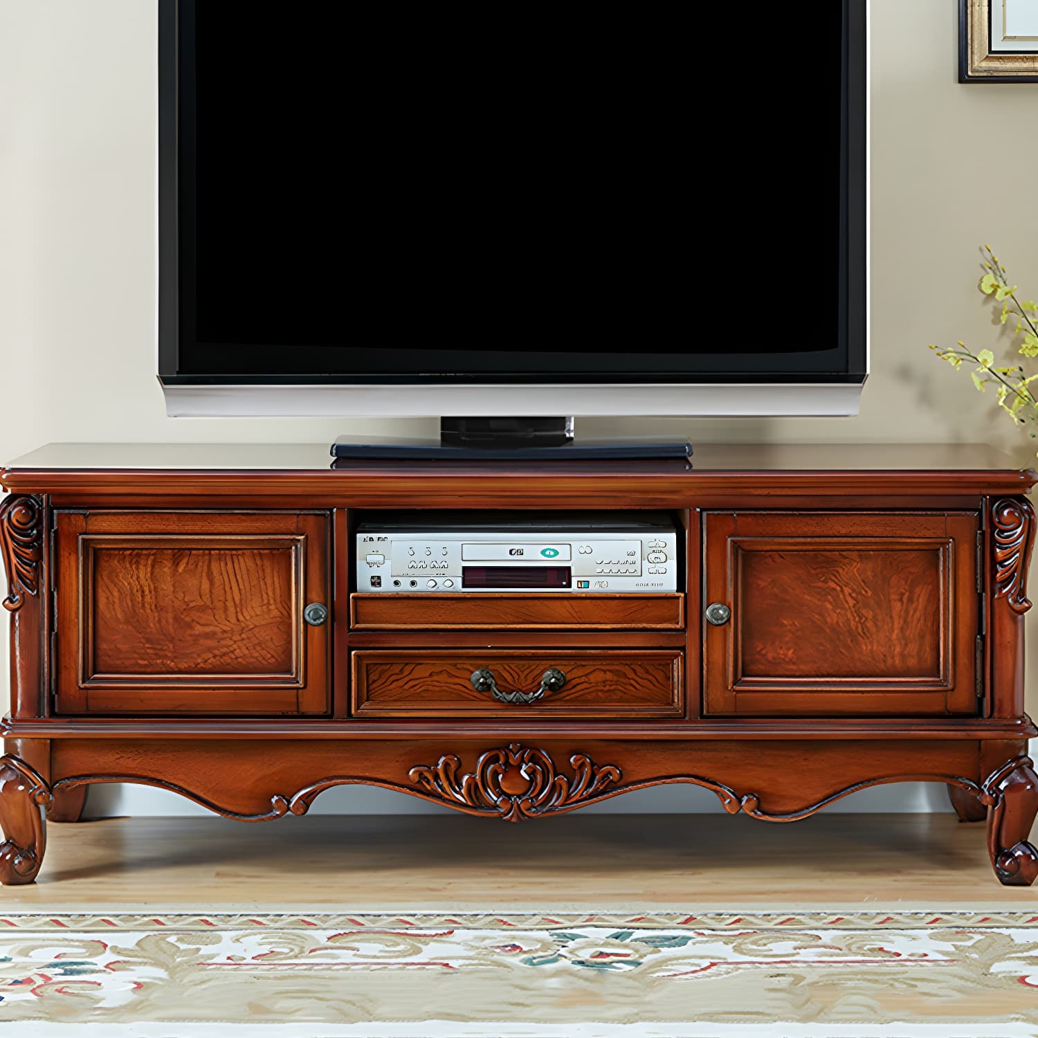 Brown Wooden TV Stand Console Traditional Style Home TV Cabinet with Drawers thumbnail 2