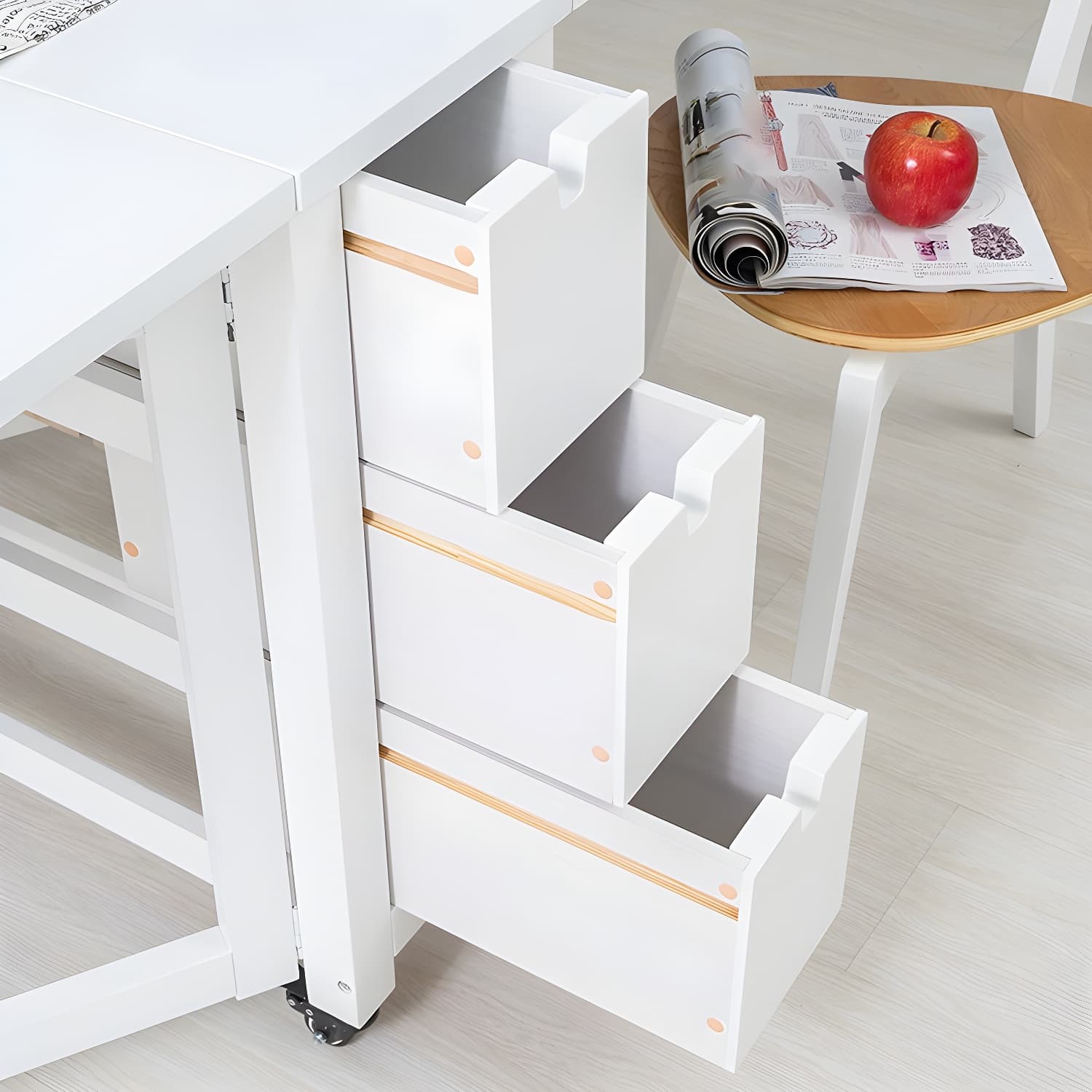 Modern Birch Wood Drop Leaf Rectangle Kitchen & Dining Table with Pedestal Base and Storage Included thumbnail 16