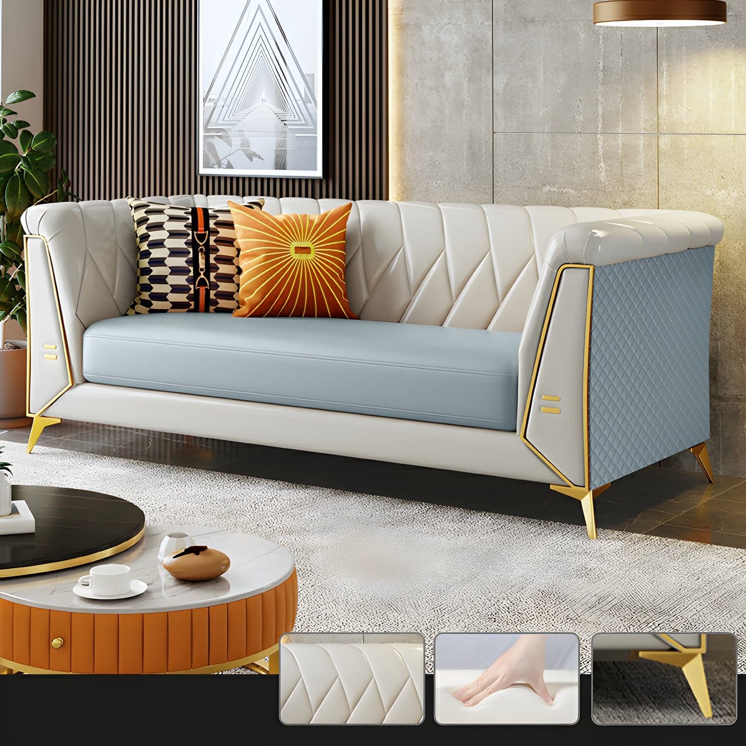 Glam Faux Leather Standard Sofa with Tuxedo Arms in Solid Color thumbnail 5