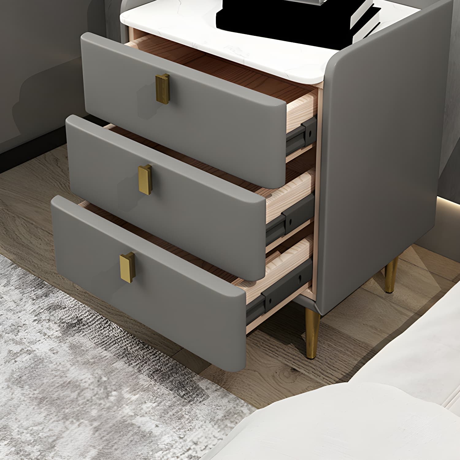 Faux Leather Nightstand Modern 3 - Drawer Nightstand with Stone Top thumbnail 15