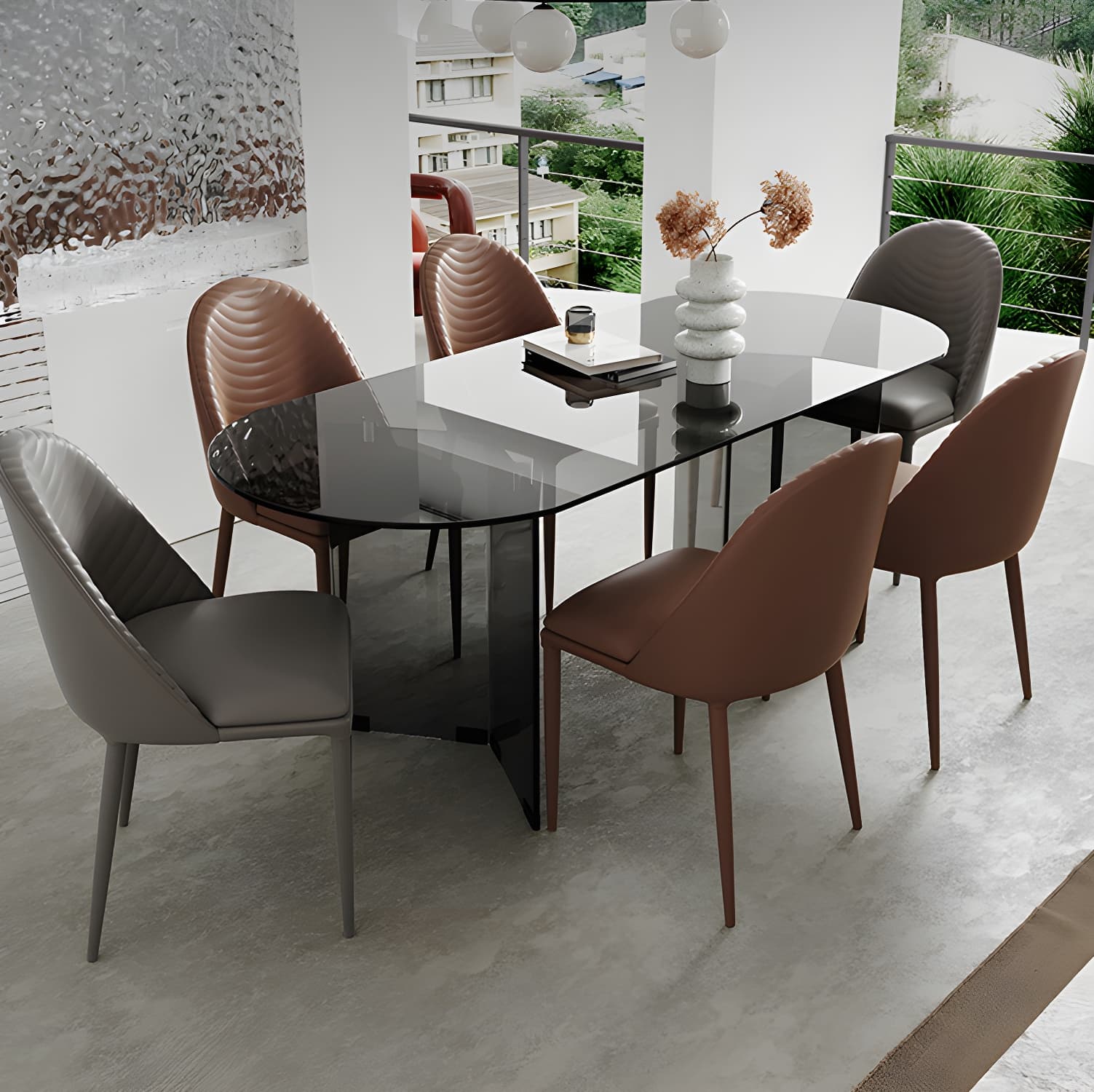 Glass Contemporary Oval Dining Table Clear Glass Top Table with Double Pedestal thumbnail 4