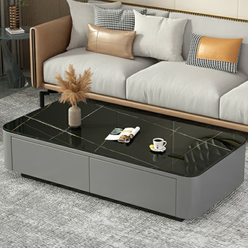 Modern Rectangular Coffee Table with Tempered Glass Top & Black Wood Base thumbnail 1