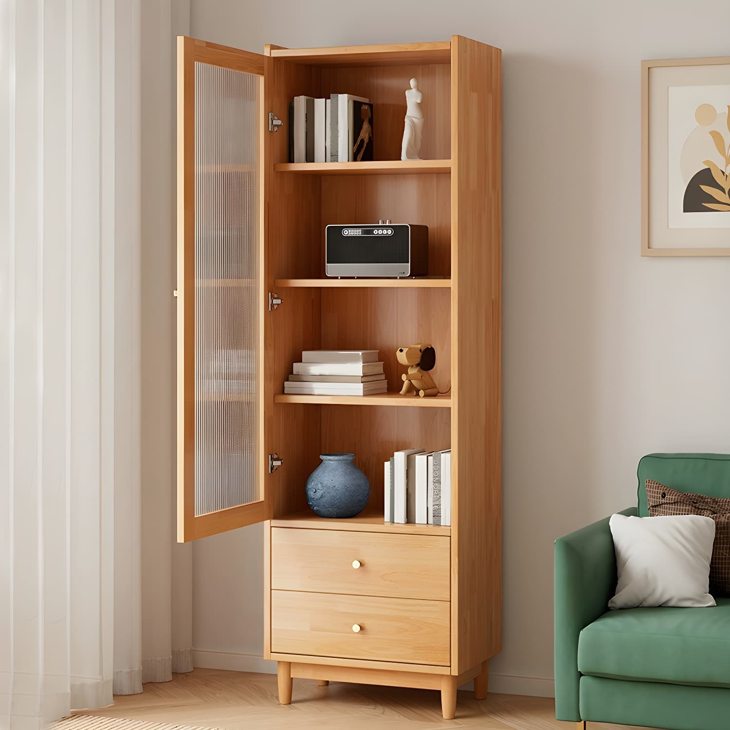 Scandinavian Glass Door Wood Cabinet with Drawers and Adjustable Shelves - Elegant Storage Furniture thumbnail 5
