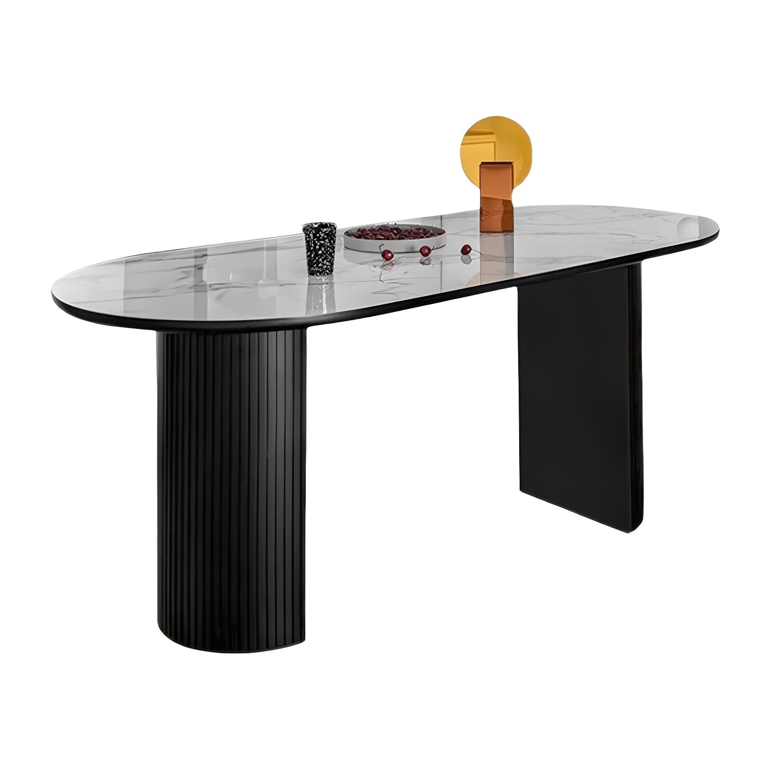 Modern Oval Dinette Table Sintered Stone Top Black Steel Double Pedestal Table thumbnail 7