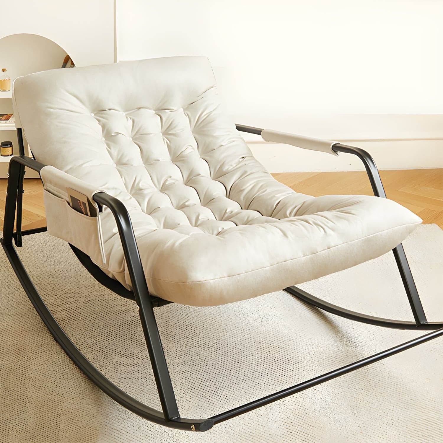 Stylish Modern Upholstered Rocking Chair with Black Metal Legs and Tufted Back thumbnail 3