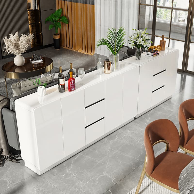 White Trendy Kitchen Storage with 3 Drawers, Standard/Narrow Size, Lumber Countertop, Variable Shelf, and Multiple Doors Options thumbnail 2