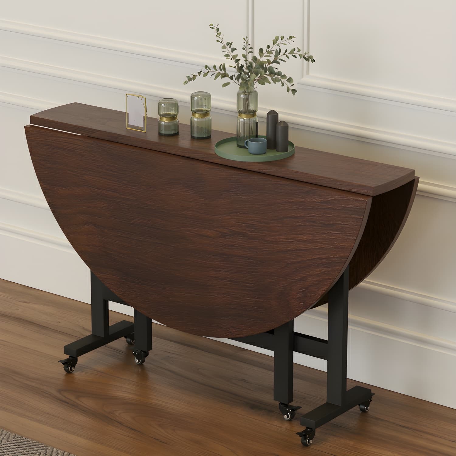 Modern Foldable Manufactured Wood Round Top Dining Table with Movable Steel Black Trestle thumbnail 12