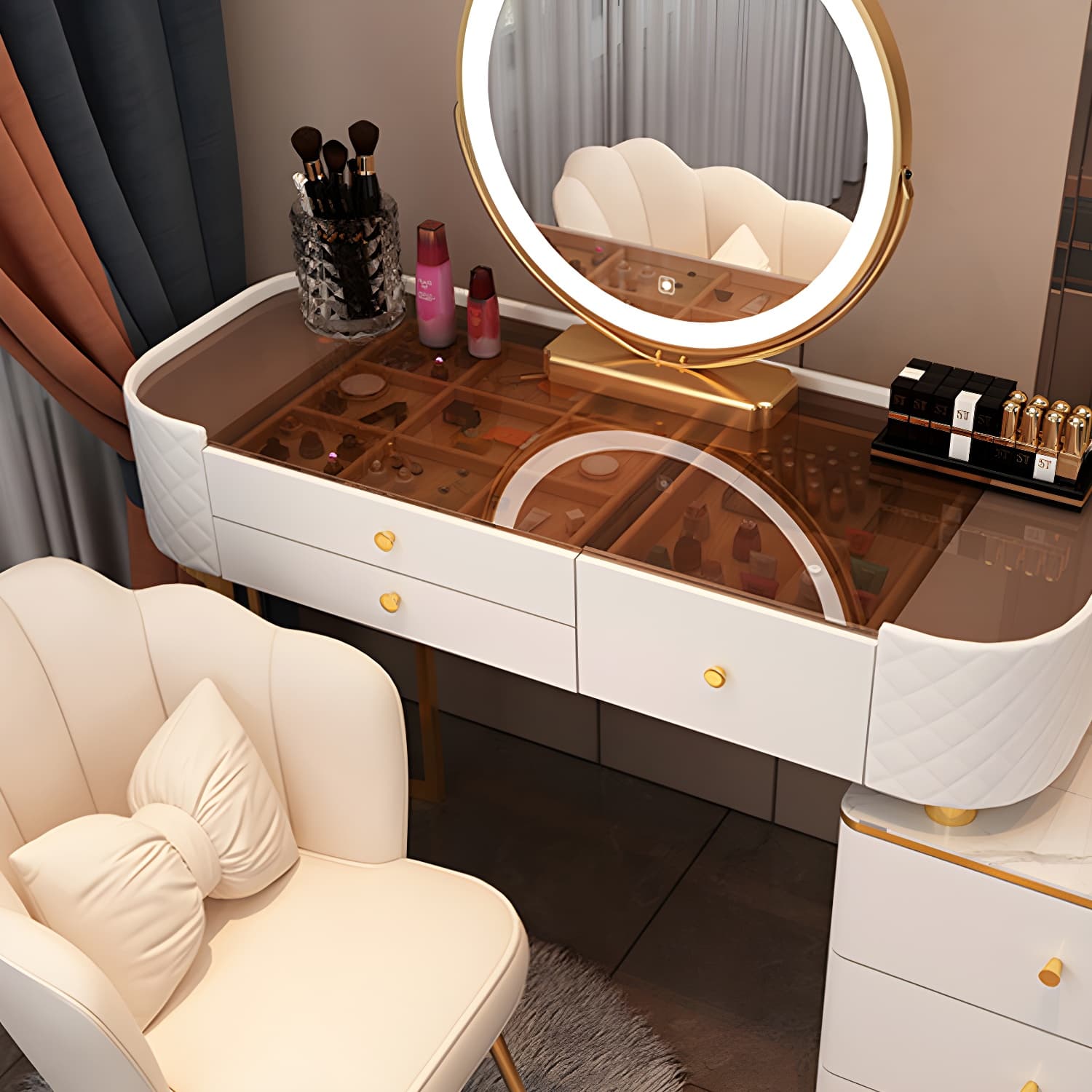 Lighted Mirror & Jewelry Makeup Vanity Metal Dressing Table Stool Set thumbnail 14