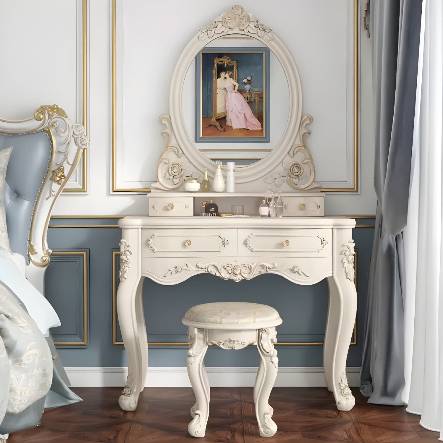Elegant White Victorian Makeup Vanity Set with Wood Top & Mirror & Drawers & Upholstered Chair thumbnail 3