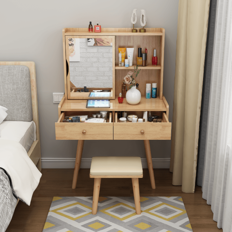 Modish Small/Standard Vanity Set with White/Auburn/Natural Color Chair, 1 Drawer/2 Drawers, Rubberwood Frame, and Standing Mirror thumbnail 4