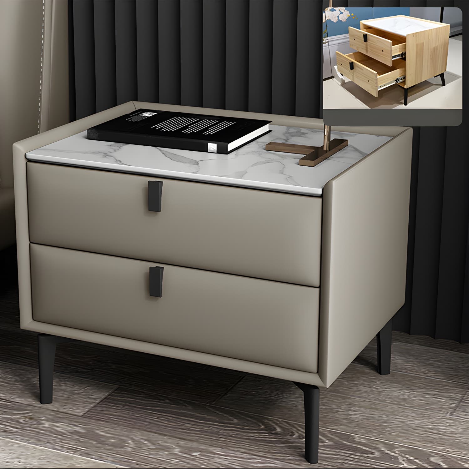 Solid Wood Bedside Table, Modern 2 - Drawer Stone Top Nightstand thumbnail 21