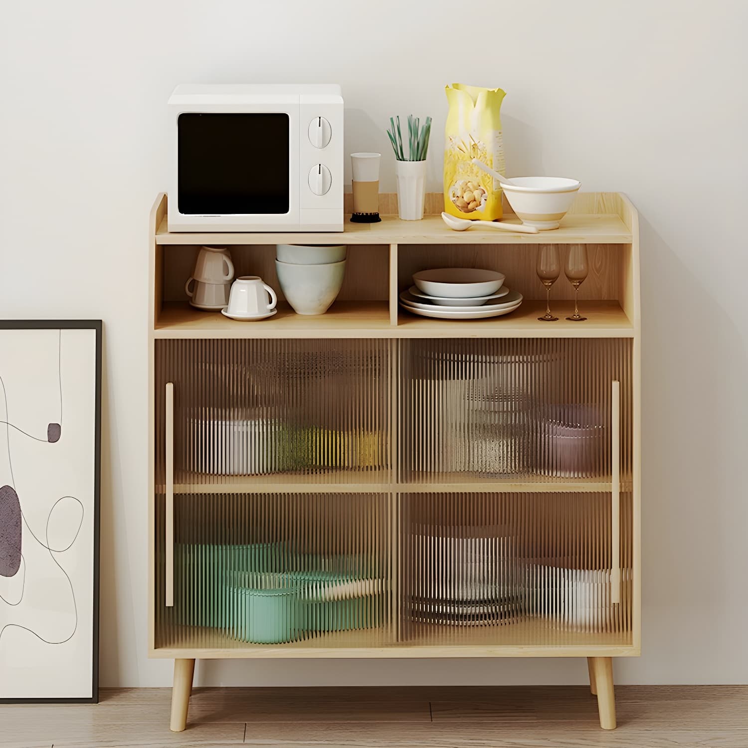 Scandinavian Wood Sideboard Credenza with Acrylic Doors and Cabinet Storage thumbnail 4