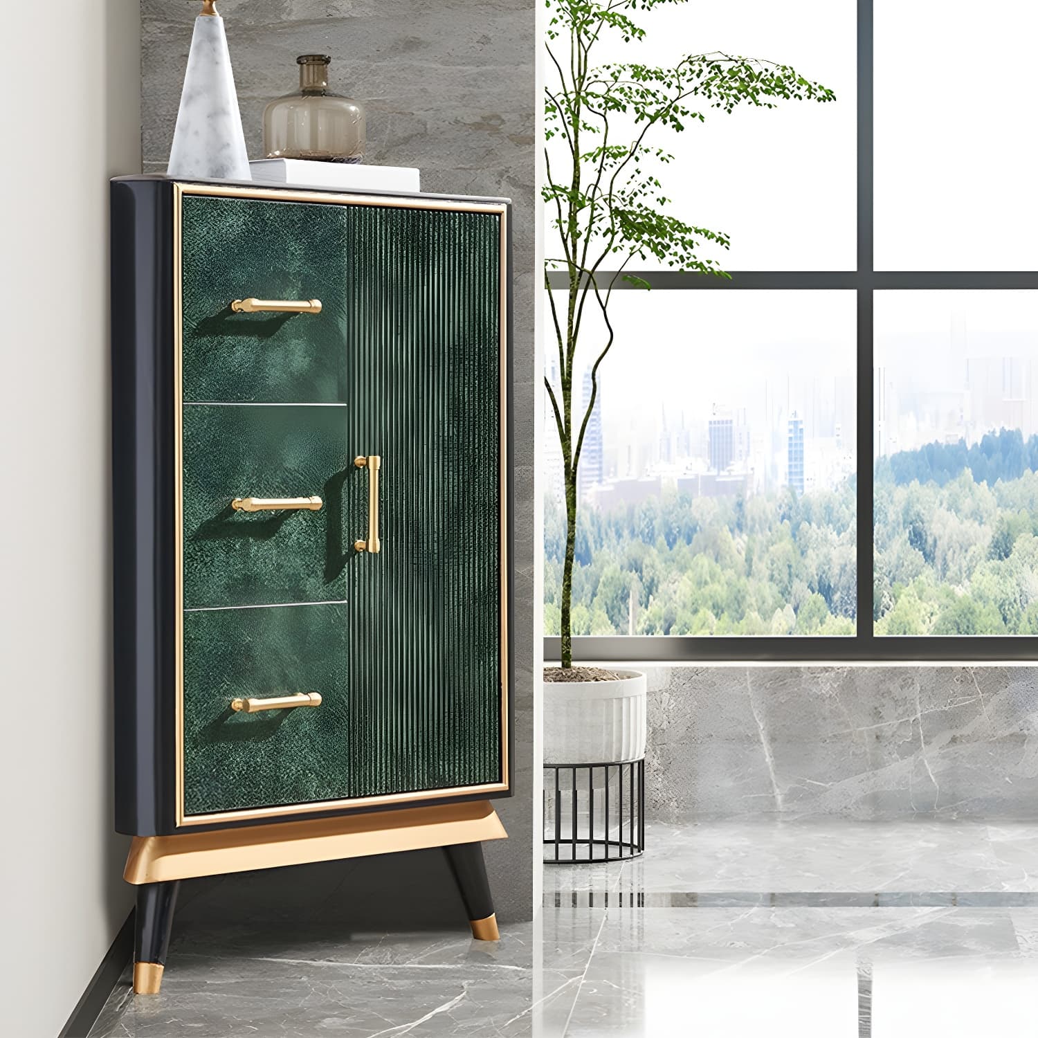 Glam Corner Accent Cabinet with Black Stone Countertop and Wood Base for Small Spaces thumbnail 3