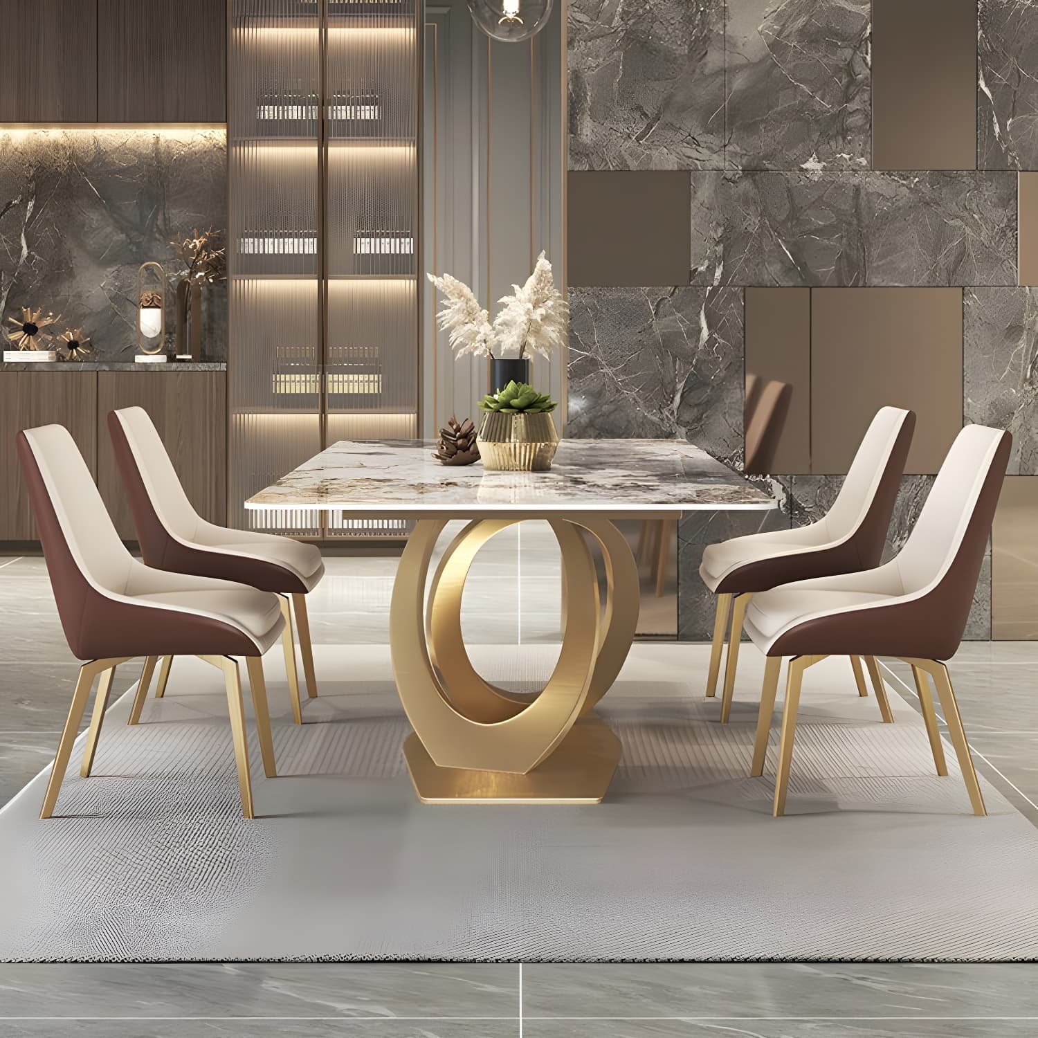 Glossy Beige Dining Table Set 1/2/5/7 Pcs Glam Dinette Set with Leather Chairs thumbnail 2