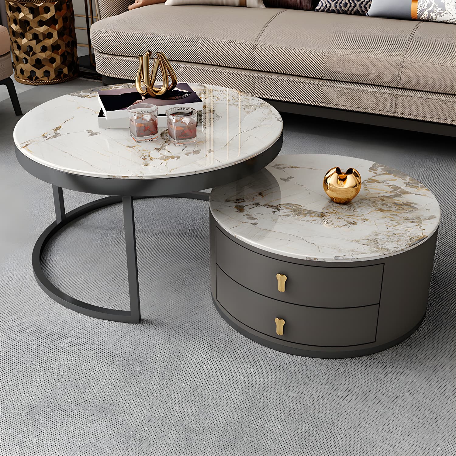 Modern Coffee Cocktail Table Round Nesting Coffee Table Set with Drawer thumbnail 3
