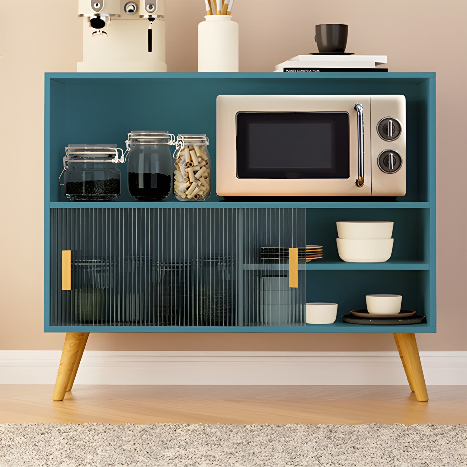Scandinavian Wood Buffet Table with Acrylic Sliding Doors and Cabinet thumbnail 6