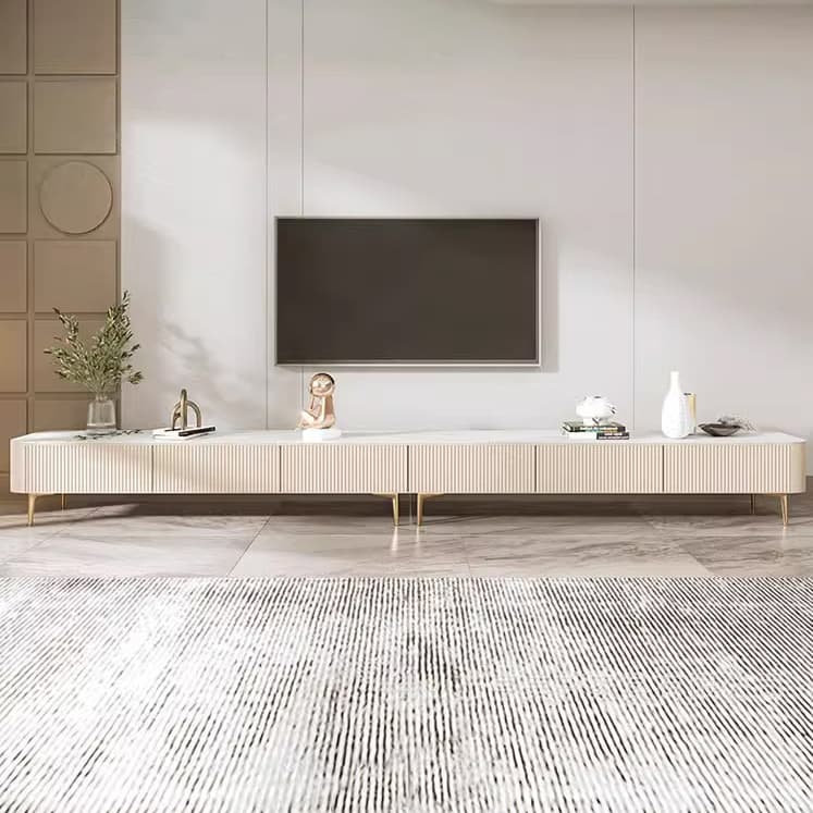 White Modern TV Stand with Low Height, Stone Material & Drawers for Full Assembly thumbnail 4