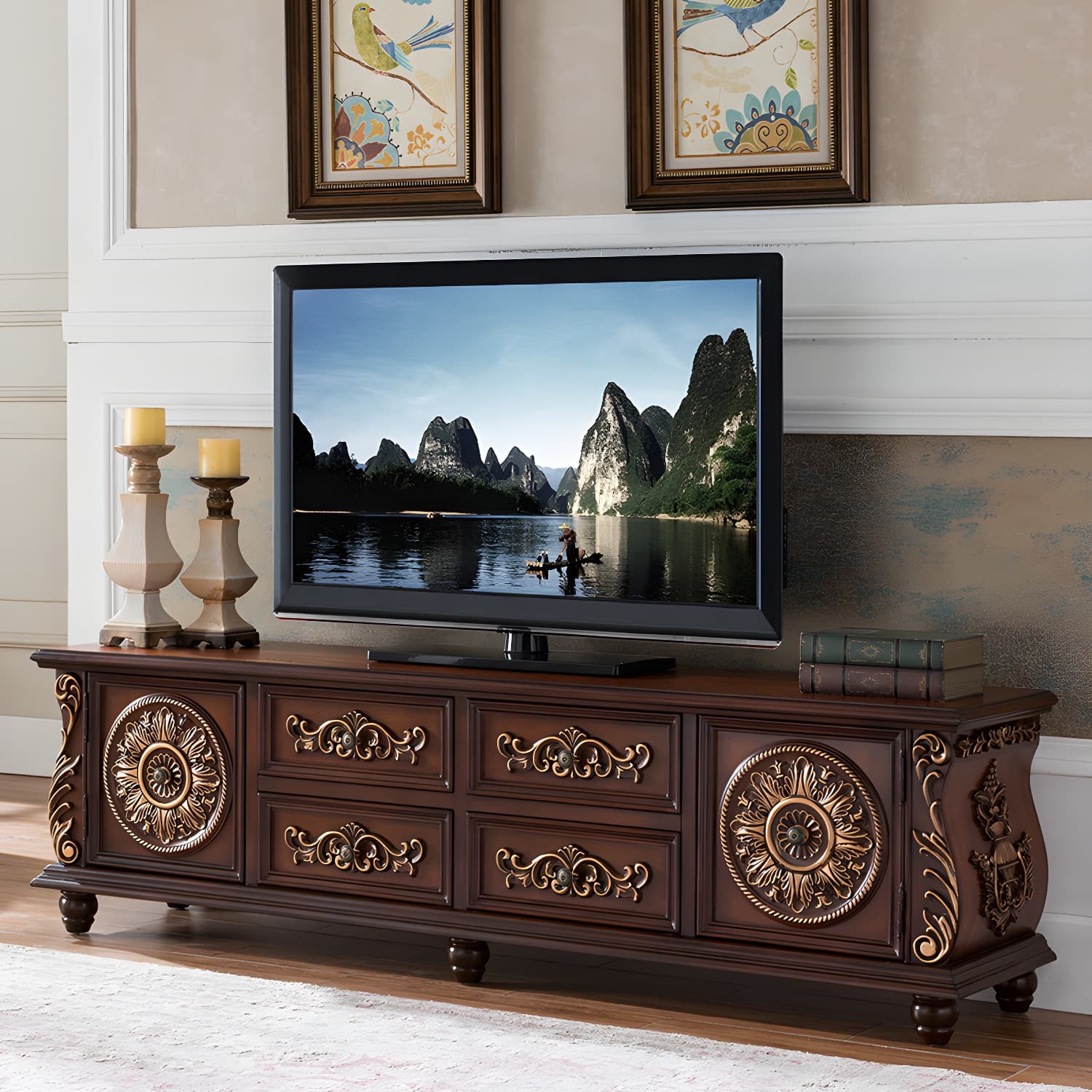 Traditional Rubberwood Media Console Matte Finish TV Media Stand with Drawers thumbnail 5