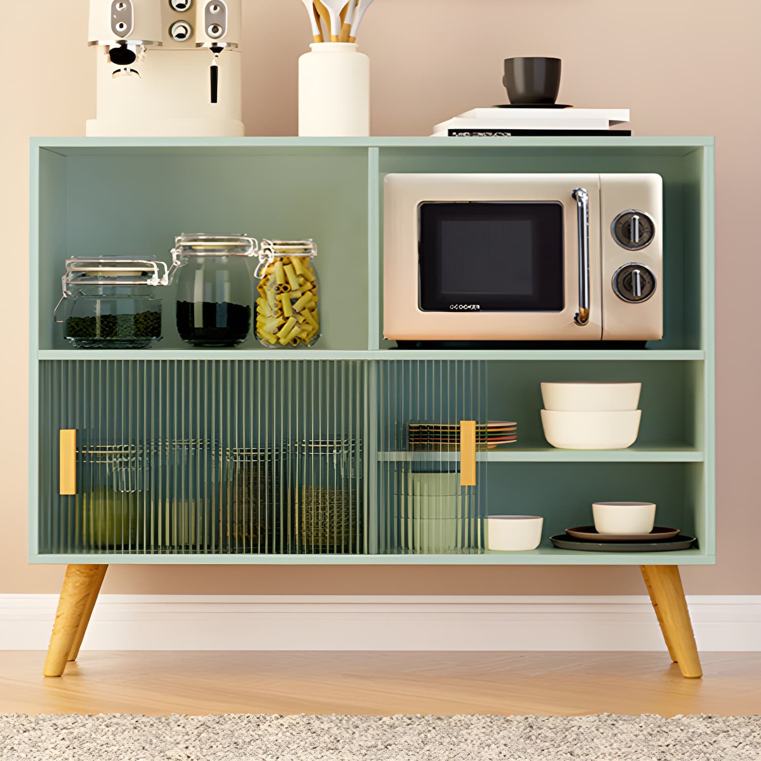 Scandinavian Wood Buffet Table with Acrylic Sliding Doors and Cabinet thumbnail 5