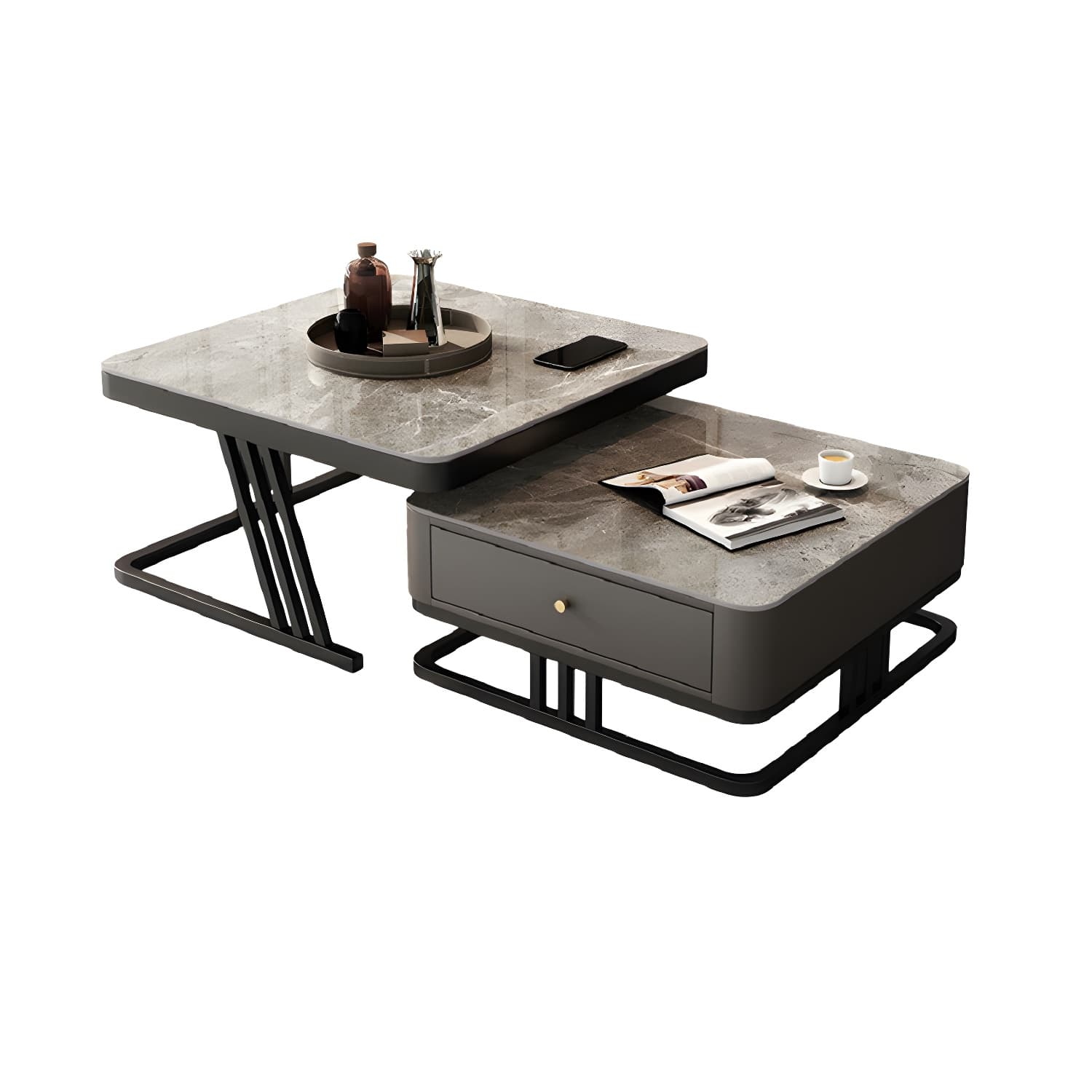 Modern Round Glass / Slate Cocktail Table Steel Frame Coffee Table with Drawer thumbnail 11