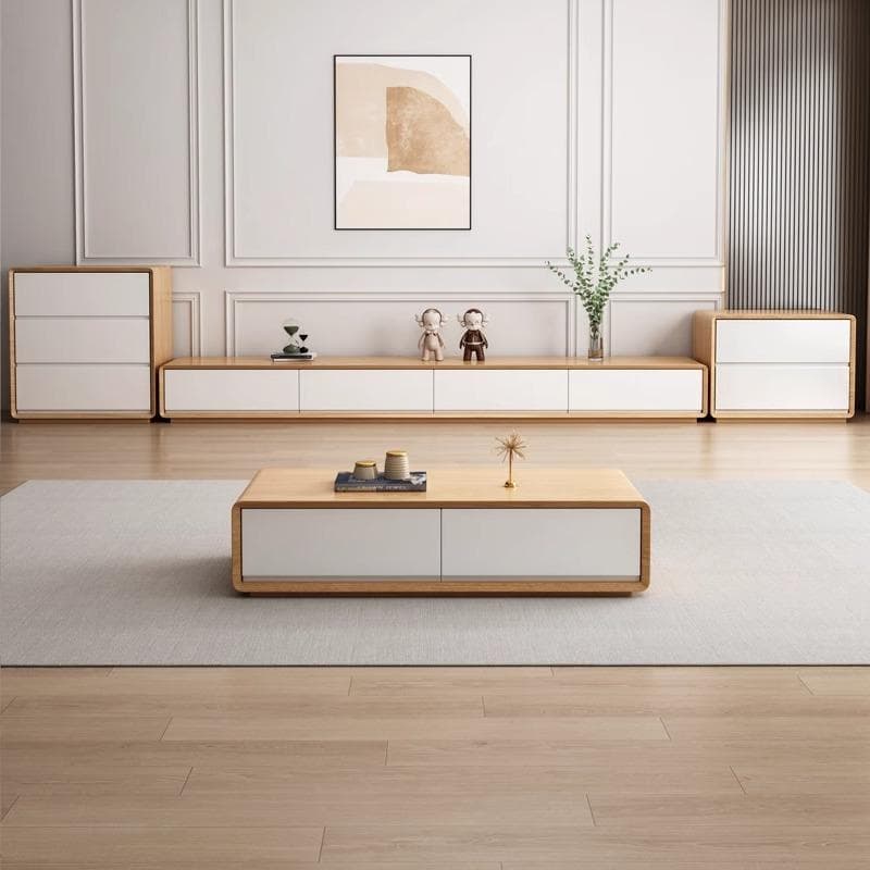 Contemporary Oblong Wood TV Stand in Natural and White with Drawers thumbnail 3