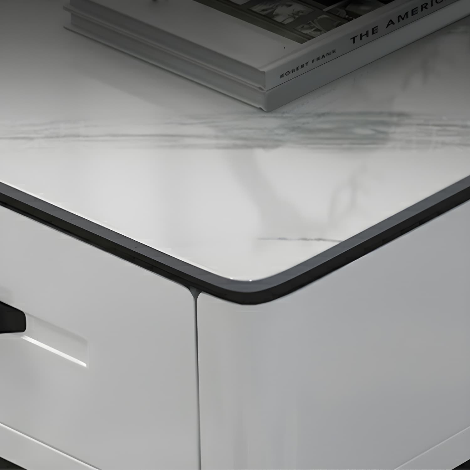Modern Stone TV Stand with Long Length, Open Storage and Drawers featuring Wood Shelves thumbnail 8