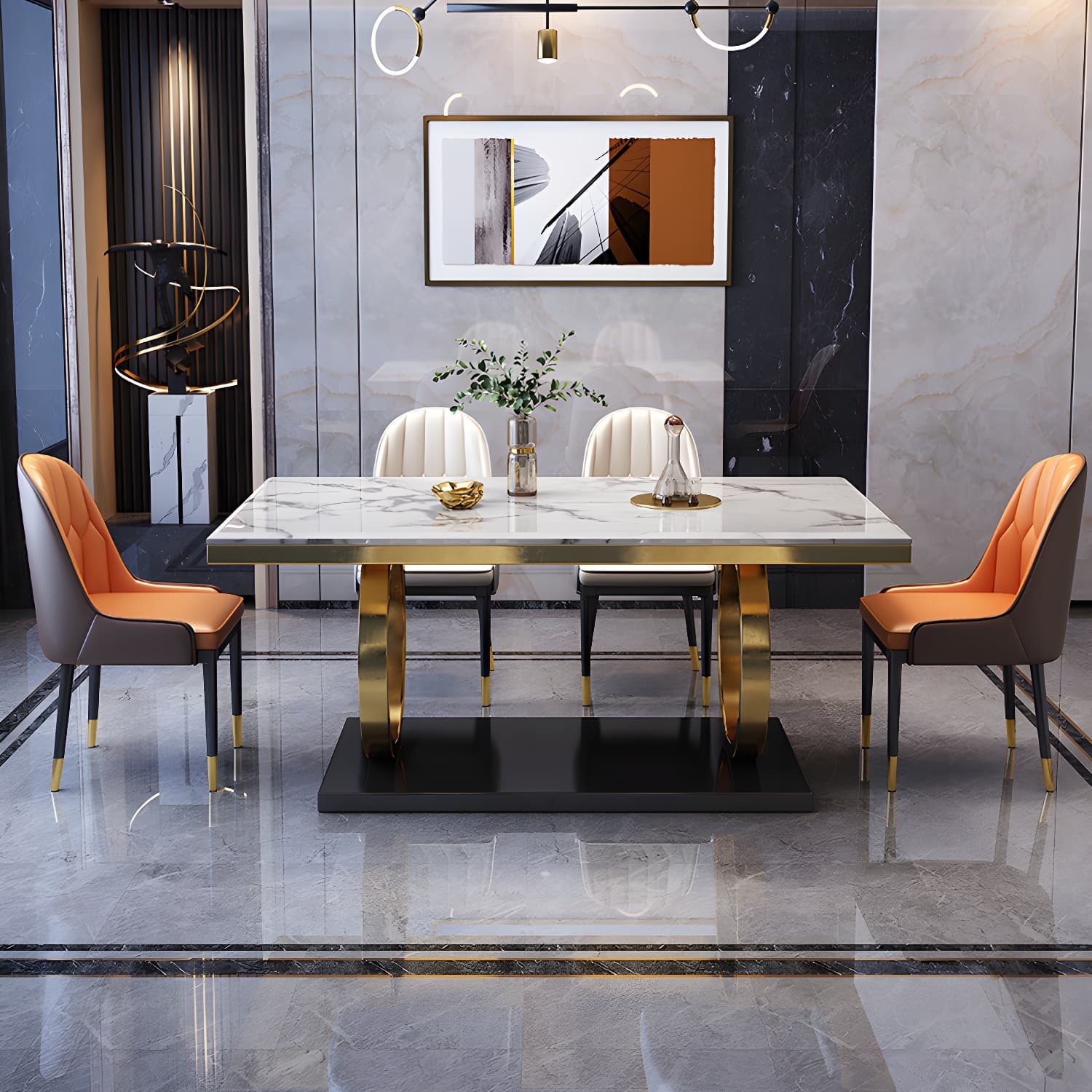 Glam Marble Dining Set with Gold Metal Pedestal Base - White and Beige - 1/5/7 Piece Set thumbnail 4
