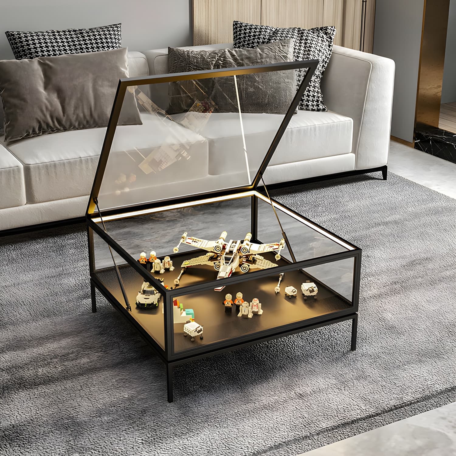 Rectangle Glass Top Coffee Cocktail Table Tranparent Contemporary with Metal Base thumbnail 6