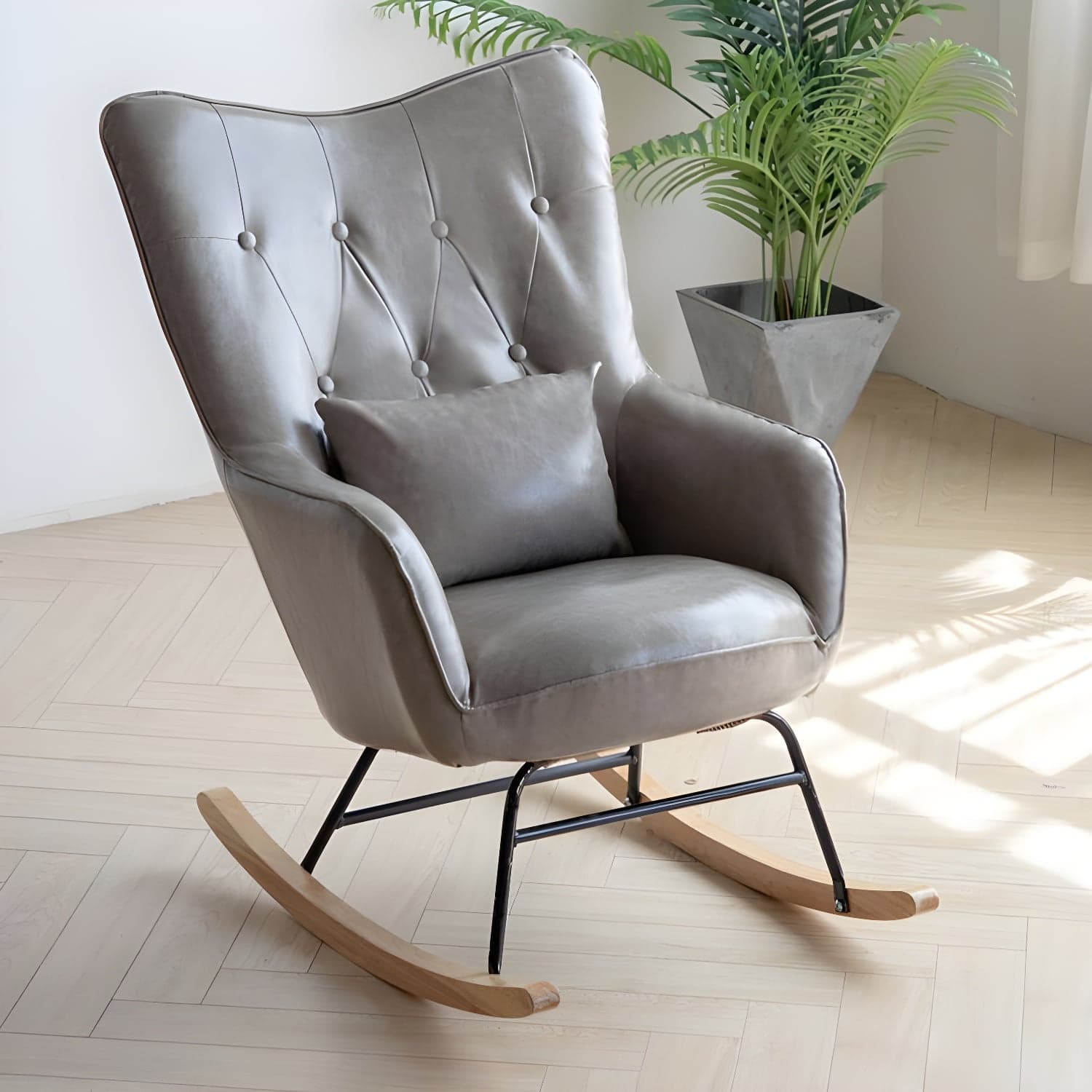 Scandinavian Rocking Chair with Wing Back and Wood Legs, Pillow Included thumbnail 4