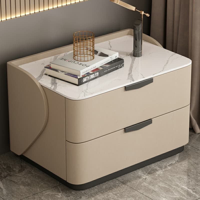 Modern Faux Leather Nightstand with Two Drawers in Light Wood thumbnail 15