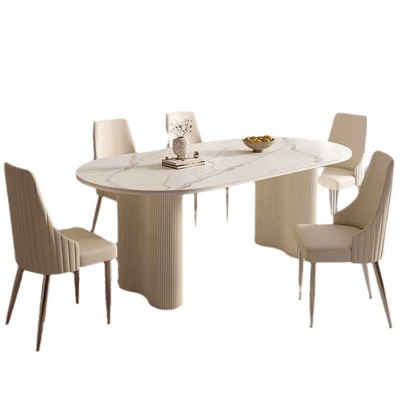 Modern Simple Style Oval Slate Dining Table Set with Dual Footing, Solid Back Panel in Chalk Color thumbnail 6