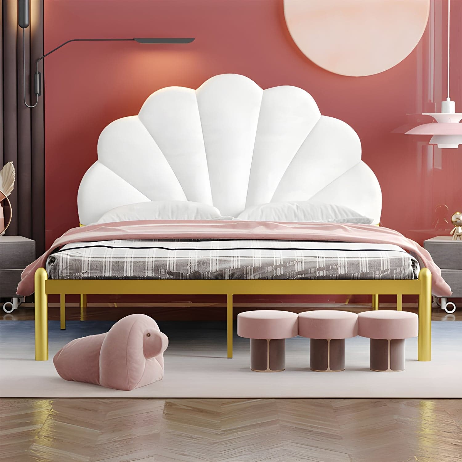 shell Suede Upholstered Headboard ,47 inch High Metal Panel Bed thumbnail 4