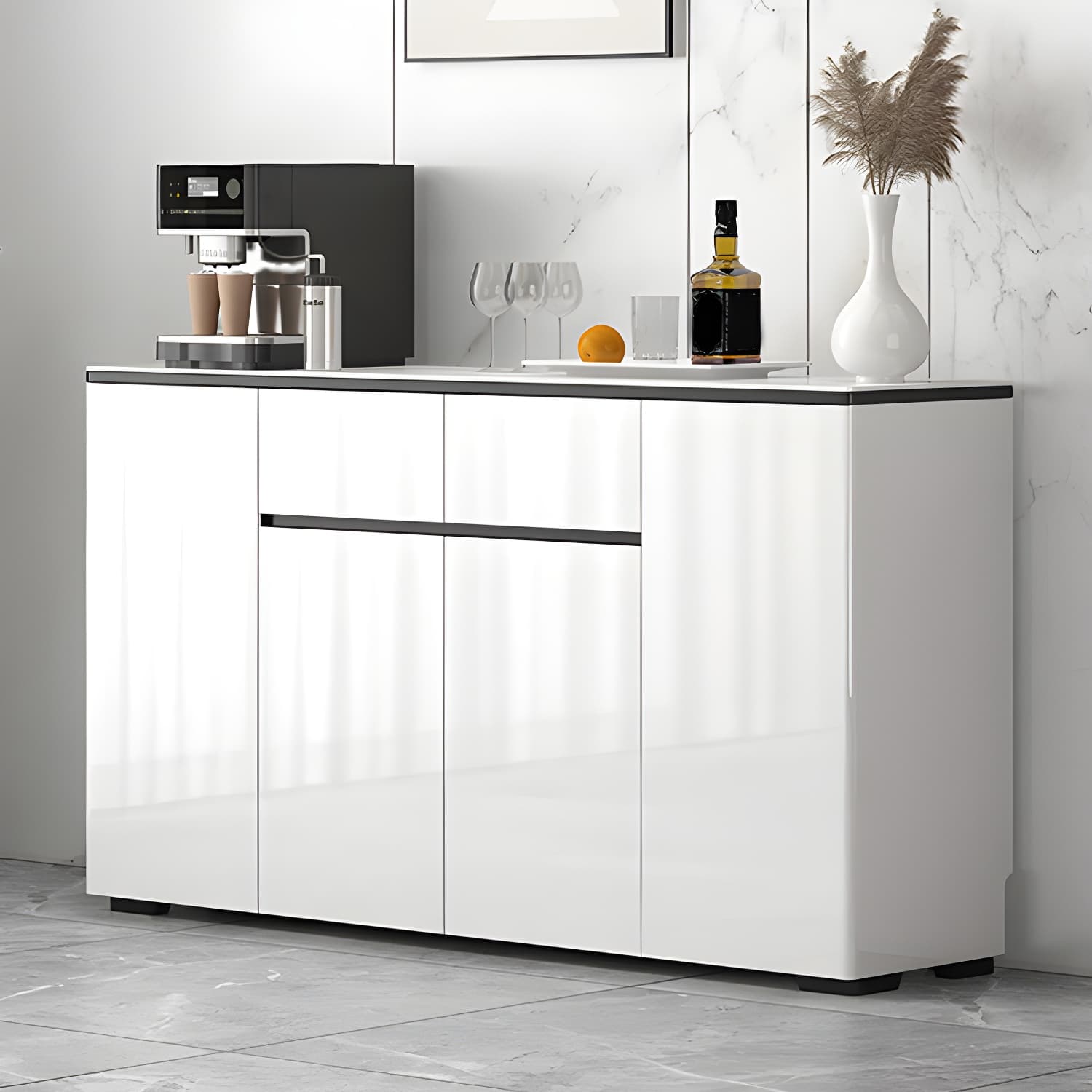 Modern White Sideboard with Glass Countertop, Cabinets, and Drawers thumbnail 9
