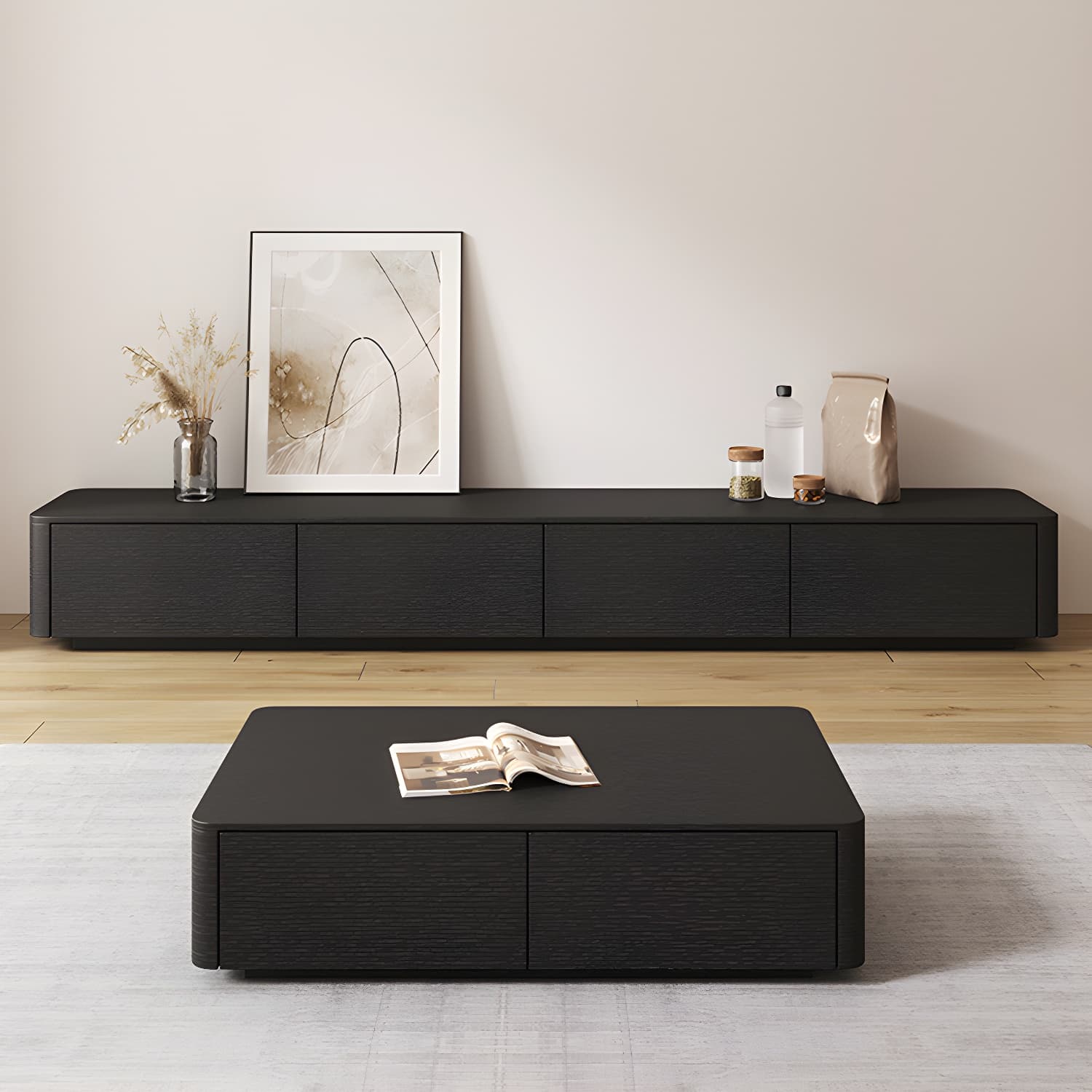 Modern Black TV Console Engineered Wood Cable Management Media Console thumbnail 3