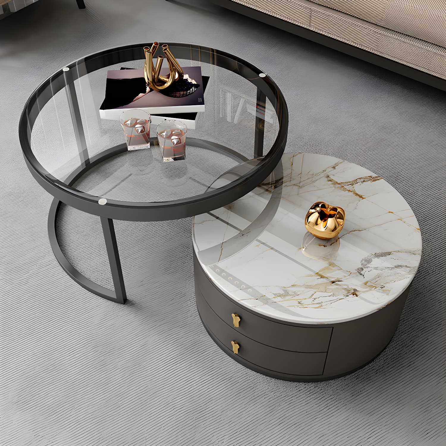 Modern Coffee Cocktail Table Round Nesting Coffee Table Set with Drawer thumbnail 8