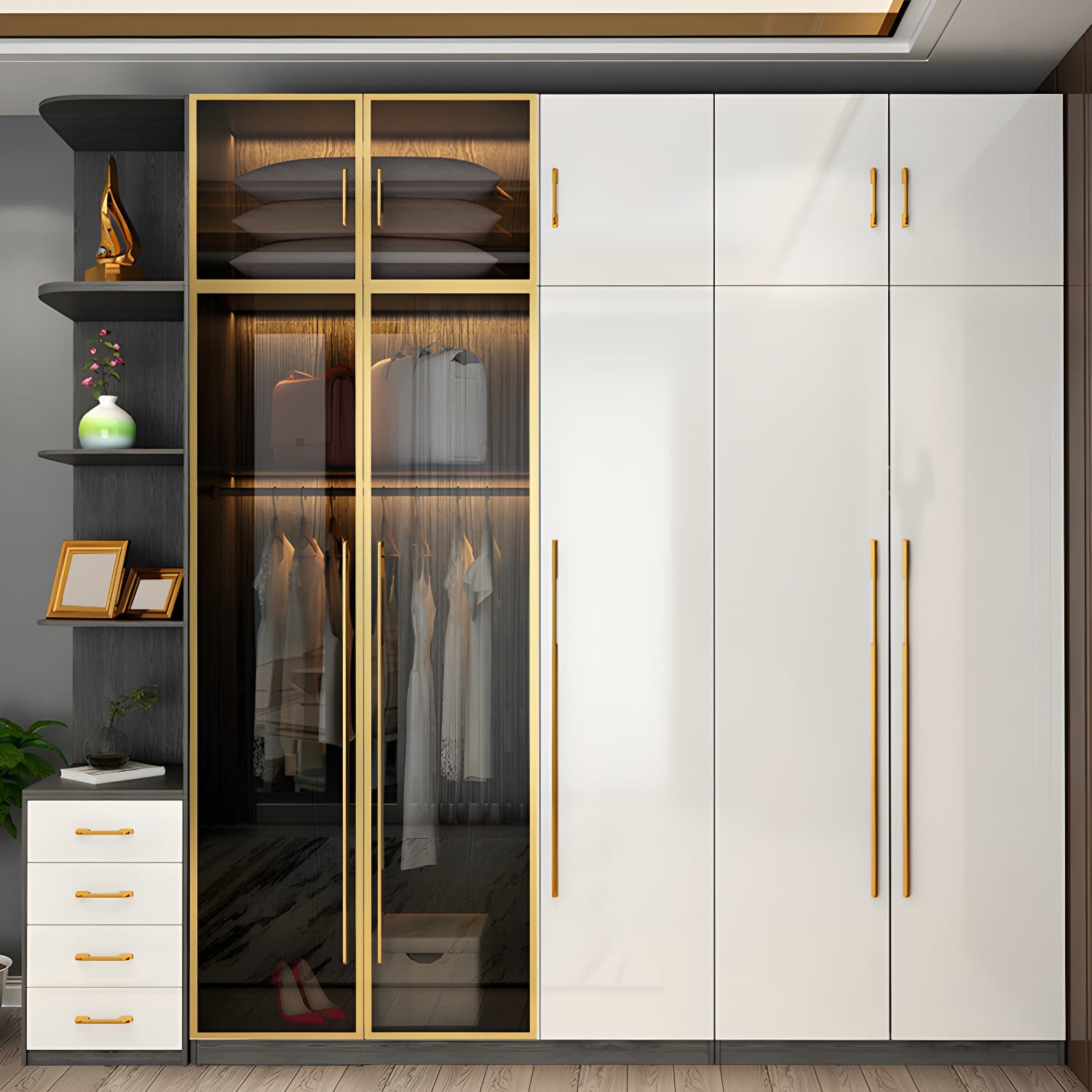 Modern Tempered Glass Doors Wardrobe Wood Frame Wardrobe without Light thumbnail 11