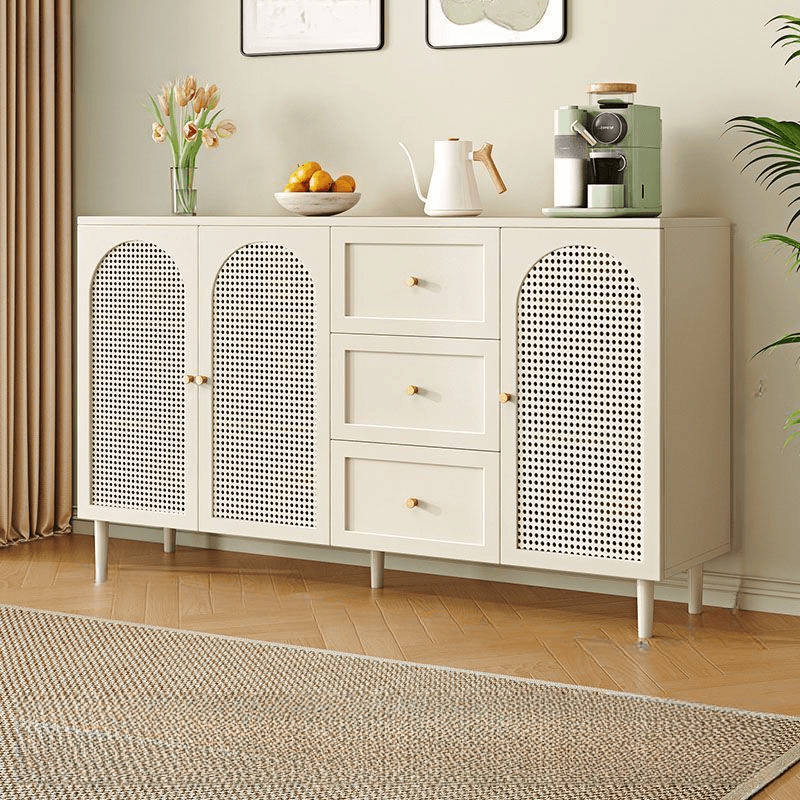 White Trendy Sideboard with 3 Drawers, Narrow/Standard Size, 3/6 Shelves, Lumber Countertop, and Glass-panel Door