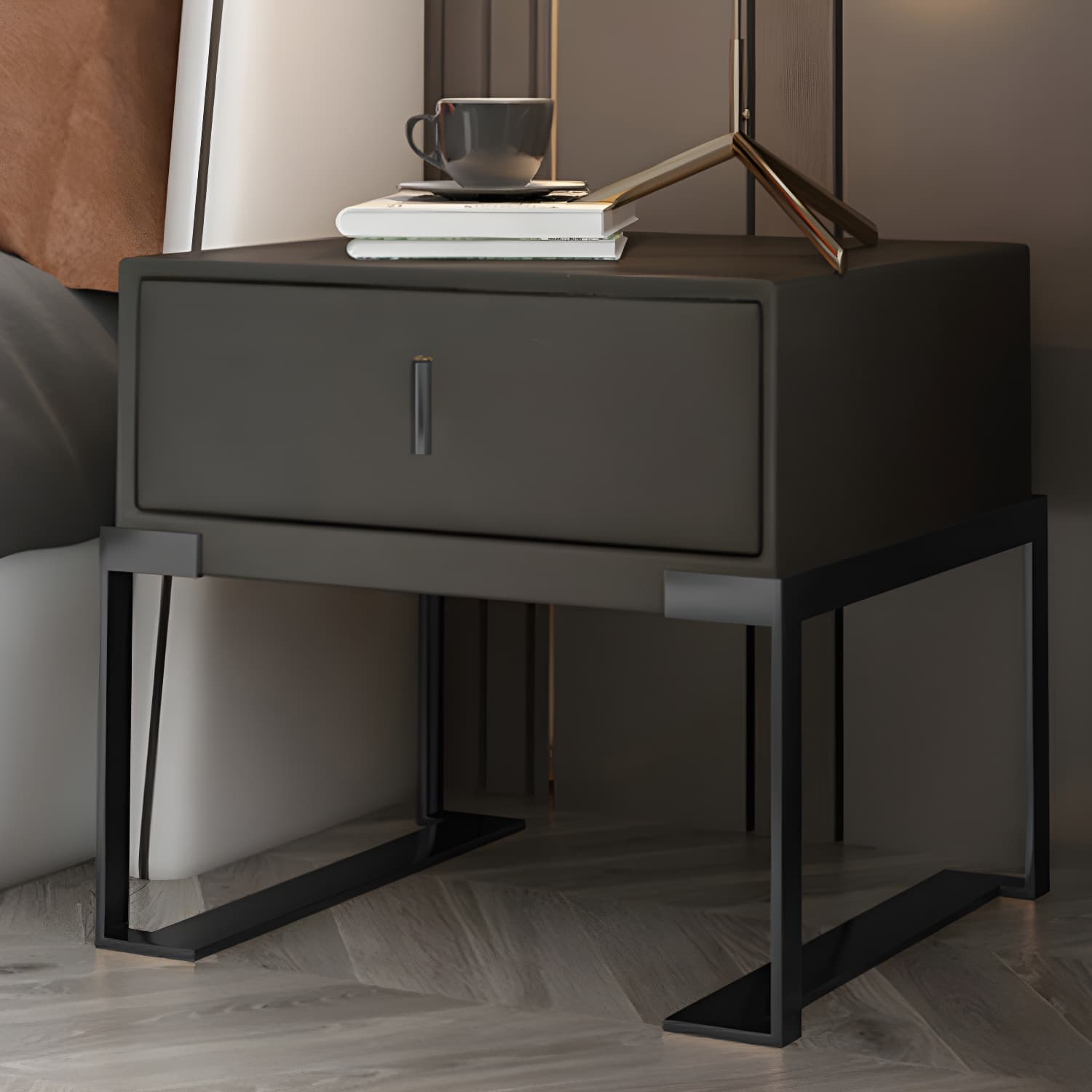 Leather 1 Drawer Nightstand Contemporary Night Table with Metal Legs thumbnail 2